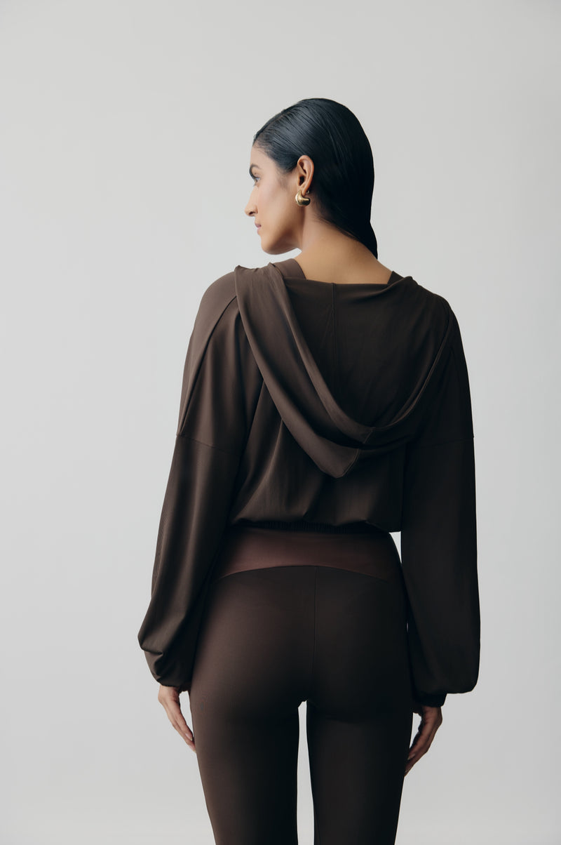 Mocha Boxy Hoodie in AerialRib