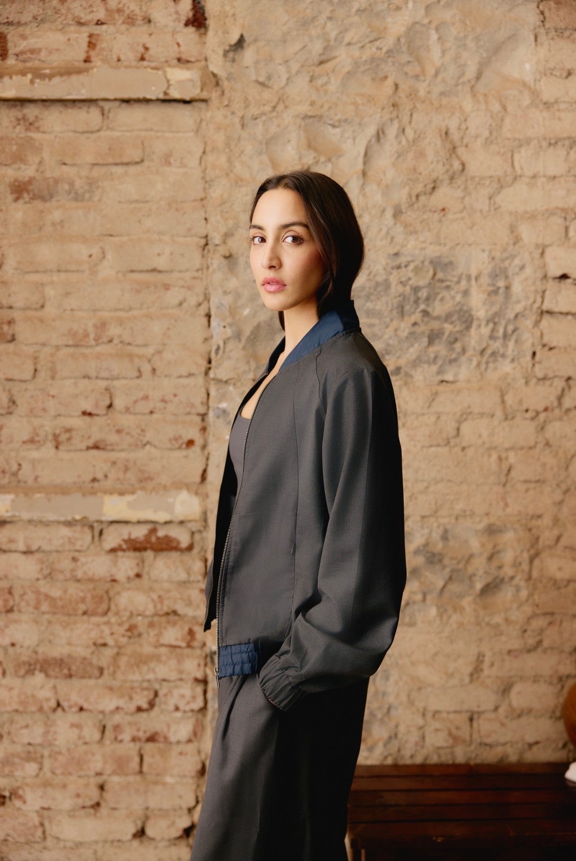 Suiting Bomber Jacket with Nylon Accents