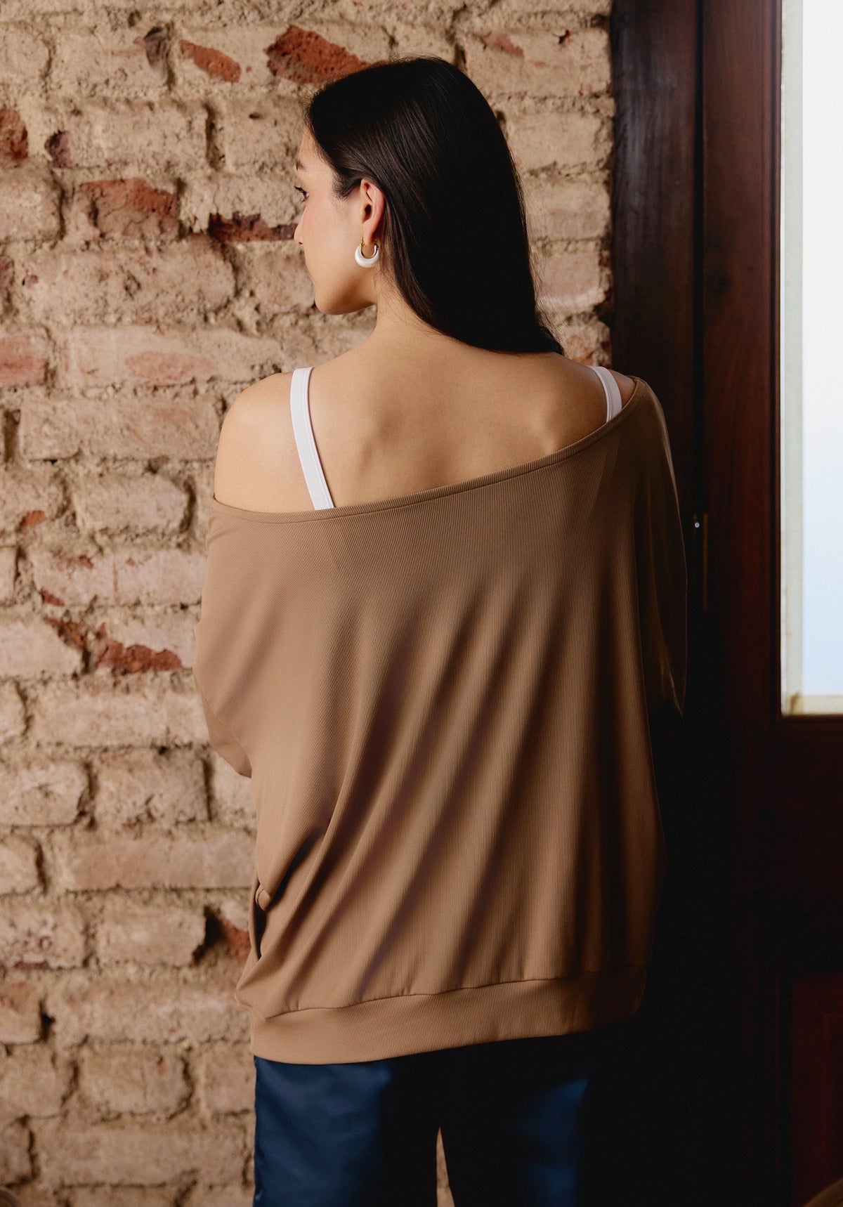 AerialRib Off-Shoulder Top in Caramel