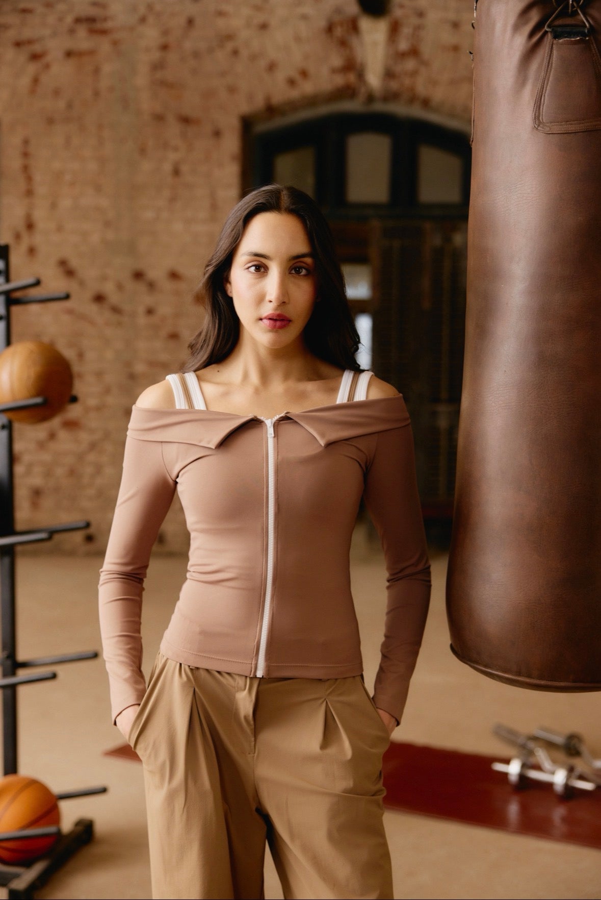 Caramel Off-Shoulder Zip Up