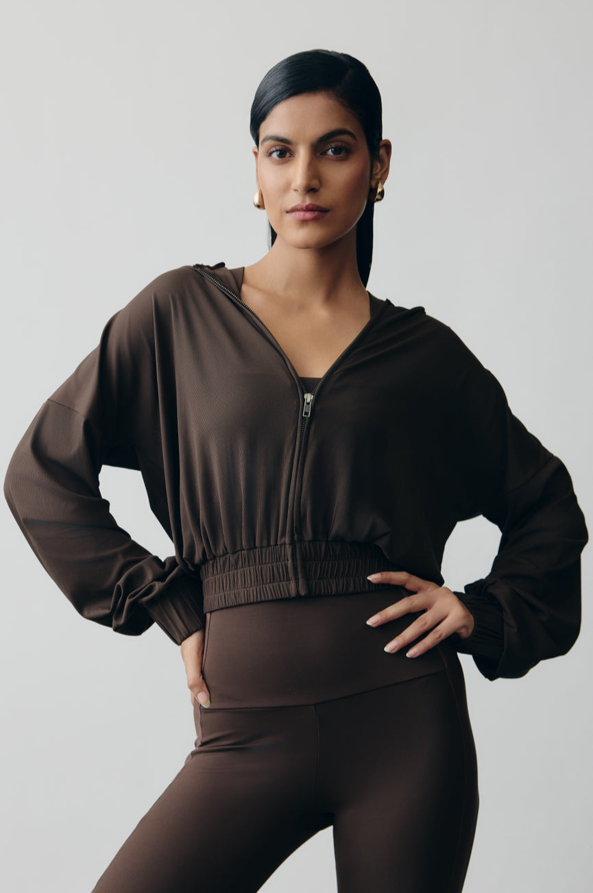 Mocha Boxy Hoodie in AerialRib