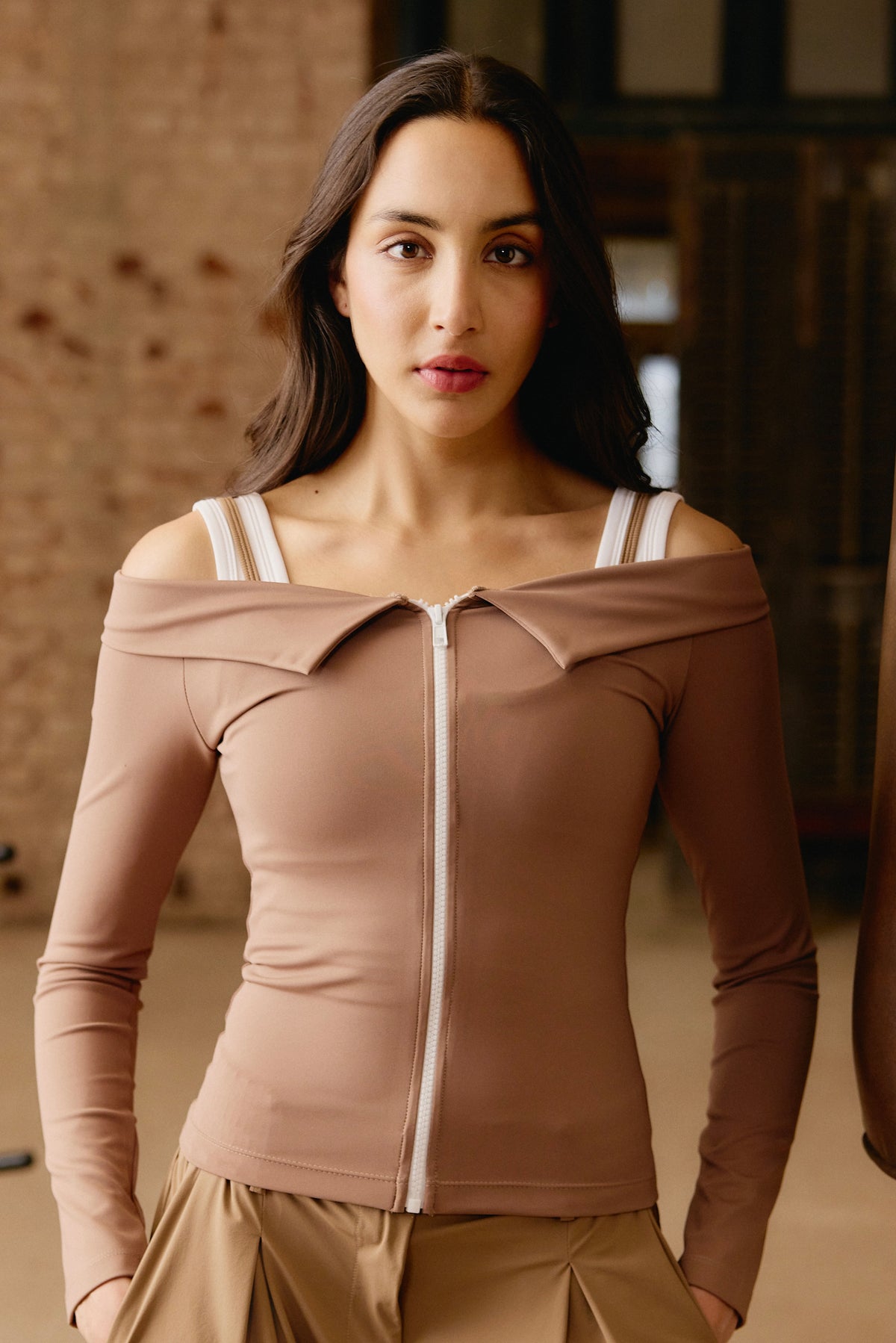 Caramel Off-Shoulder Zip Up