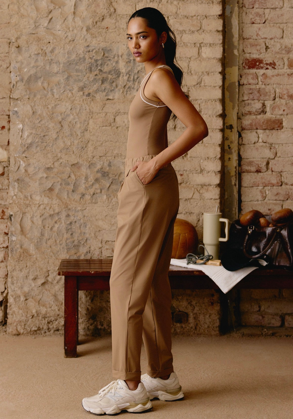 TailoredStretch Turn Up Trousers in Caramel